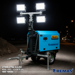 Remaş Mobil Aydınlatma Kulesi 4 x 250 Watt 8 kVA Portatif Işık Kulesi Işıldak Marşlı Dizel Jeneratör