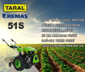 Taral 51 S Arkadan Frezeli 4+2 Şanzımanlı 12 HP Dizel Çapa Makinesi